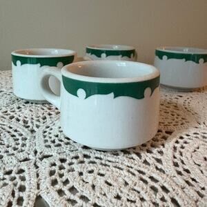 Vintage SHENANGO Set of 4 Mid-Century Modern Restaurant Mugs White/Green Retro